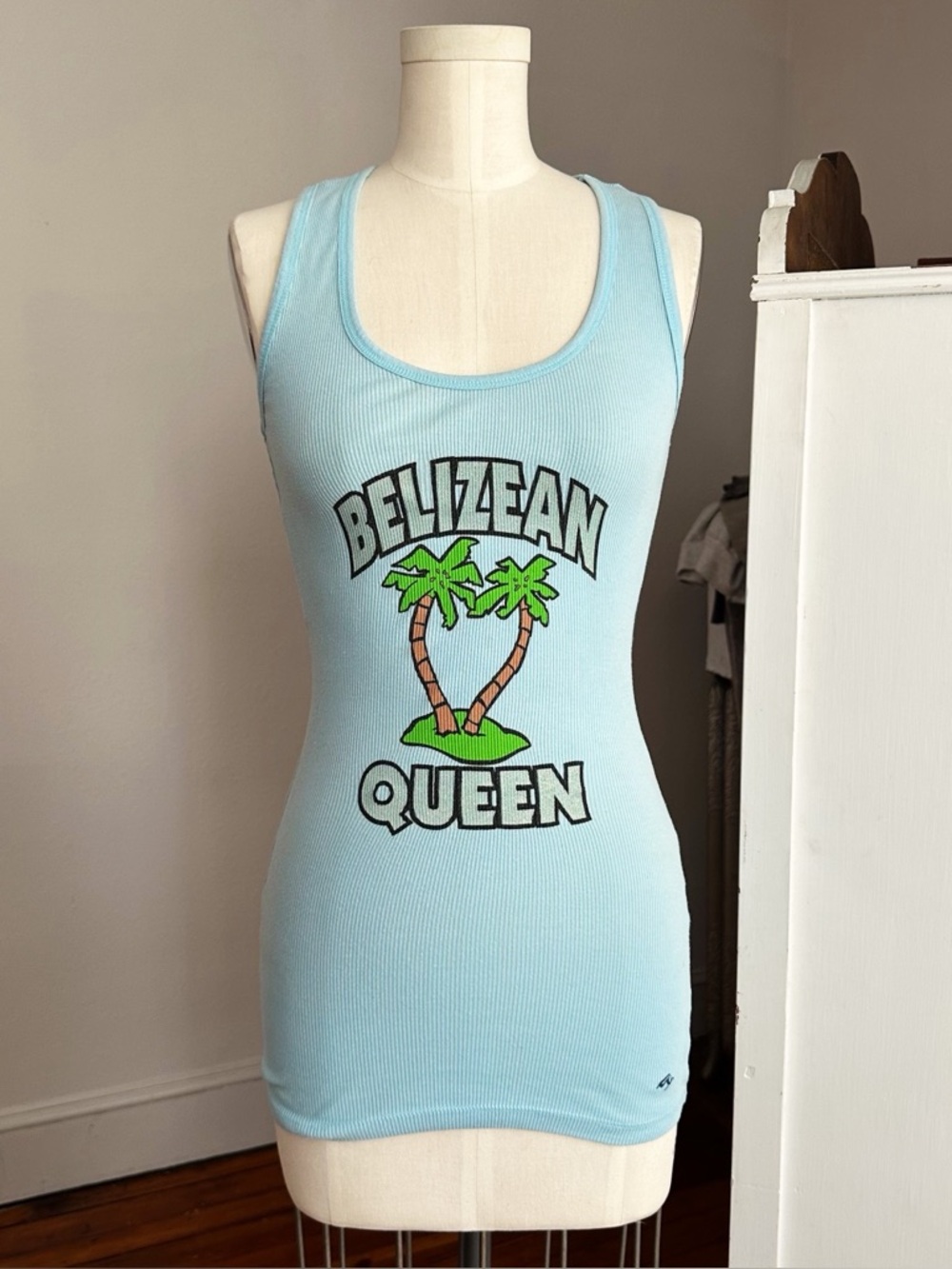 Vintage Y2K Active Basic Belizean Queen sparkle palm tree extra long ribbed tank